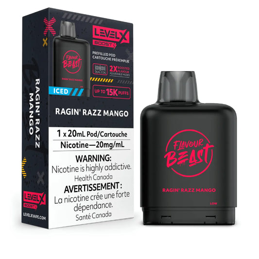 Level X Flavour Beast Boost Pod 20mL - Ragin' Razz Mango Iced 6pc/Carton