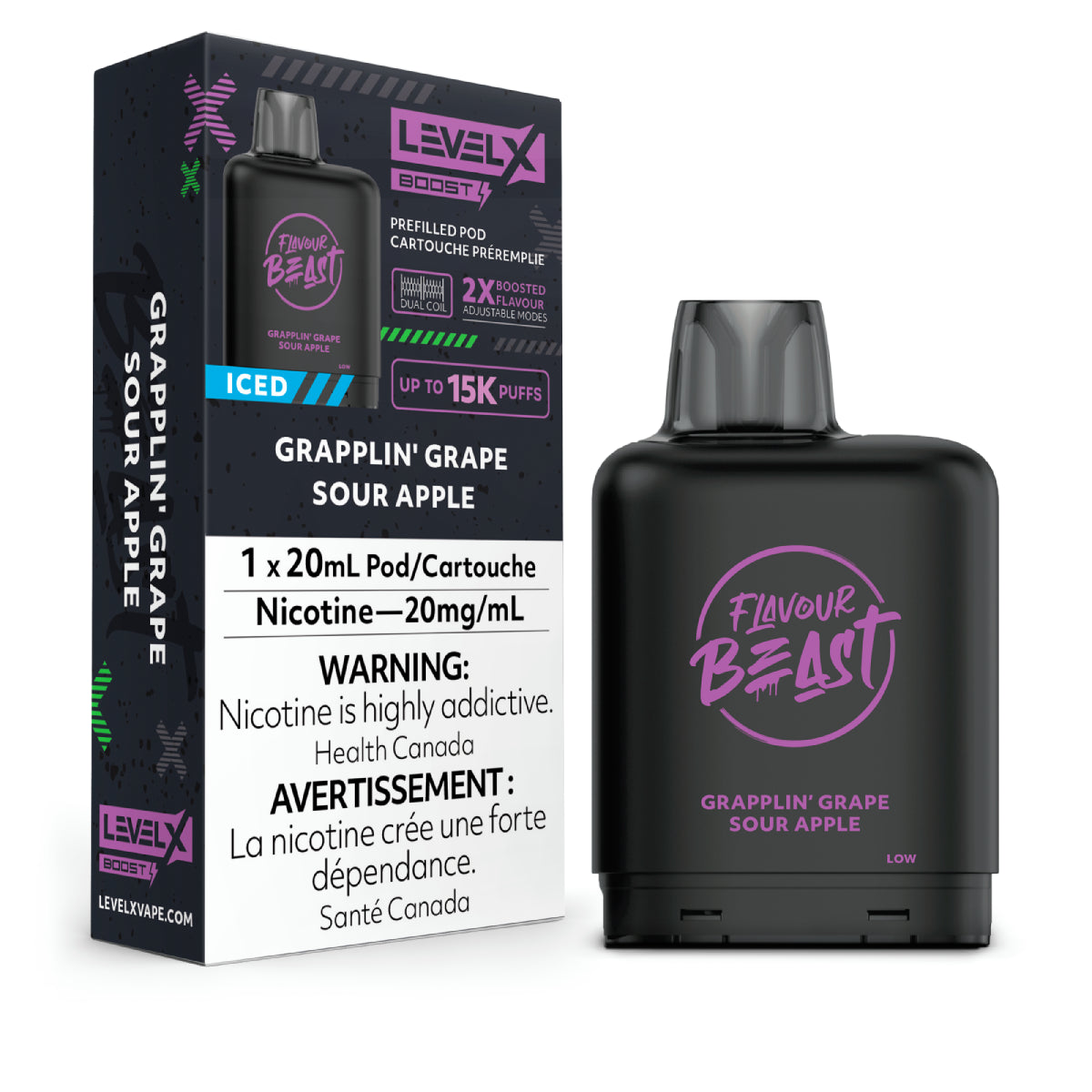 Level X Flavour Beast Boost Pod 20mL - Grapplin' Grape Sour Apple Iced 6pc/Carton