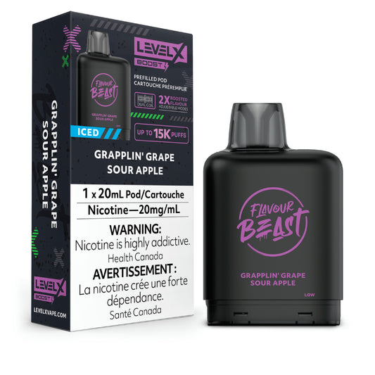 Level X Flavour Beast Boost Pod 20mL - Grapplin' Grape Sour Apple Iced 6pc/Carton